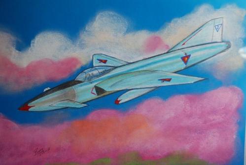 Futuristic jet aircraft
A fun painting that I used to illustrate creating alloy effects without resort to silver paint in an aviation art lesson
Keywords: Futuristic jet aircraft
