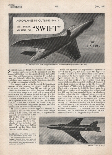 Supermarine Swift (1 of 2)
(jpg format, - dpi, 612 KB).

Link to file: [url]http://smm.solidmodelmemories.net/Gallery/albums/userpics/-[/url]

[i]These plans are placed here in review of their accuracy and historical content. They are for personal use only and not to be reproduced commercially. Copyrights remain with the original copyright holders and are not the property of Solid Model Memories. Please post comment regarding the accuracy of the drawings in the section provided on the individual page of the plan you are reviewing. If you build this model or if you have images of the original subject itself, please let us know. If you are the copyright holder of the work in question and wish to have it removed please contact SMM [/i]
Keywords: Supermarine Swift