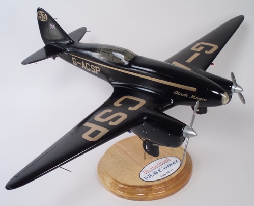 3/8" = 1' ("1:32 Scale") solid wood model.  Based on three view found in Flight magazine on-line archives and drawings posted on this site.
Keywords: DH88 Comet Solid Wood Model