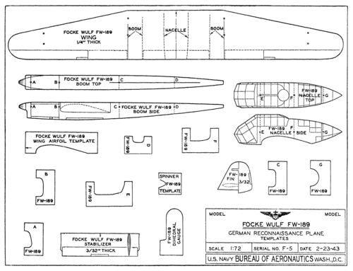 F-5 Focke-Wulf FW-189 Patterns (restoration)
Restoration of patterns by David T.
(gif format, 300 dpi, 112 KB).

[b]Click on image to display file in original format[/b]

[url=htthttp://smm.solidmodelmemories.net/Gallery/albums/userpics/10028/F-5_FockeWulf_FW-189_patter.gif]Direct Link to File[/url]

[i]These plans are placed here in review of their accuracy and historical content. They are for personal use only and not to be reproduced commercially. Copyrights remain with the original copyright holders and are not the property of Solid Model Memories. Please post comment regarding the accuracy of the drawings in the section provided on the individual page of the plan you are reviewing. If you build this model or if you have images of the original subject itself, please let us know. If you are the copyright holder of the work in question and wish to have it removed please contact SMM.[/i]
