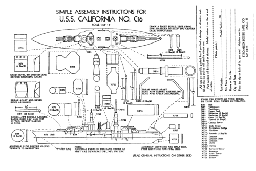 USS California C-16 Sht 1 of 2
(gif format, - dpi, 73 KB).

Link to file: [url]http://smm.solidmodelmemories.net/Gallery/albums/userpics/-[/url]

[i]These plans are placed here in review of their accuracy and historical content. They are for personal use only and not to be reproduced commercially. Copyrights remain with the original copyright holders and are not the property of Solid Model Memories. Please post comment regarding the accuracy of the drawings in the section provided on the individual page of the plan you are reviewing. If you build this model or if you have images of the original subject itself, please let us know. If you are the copyright holder of the work in question and wish to have it removed please contact SMM [/i]

Keywords: USS California C-16