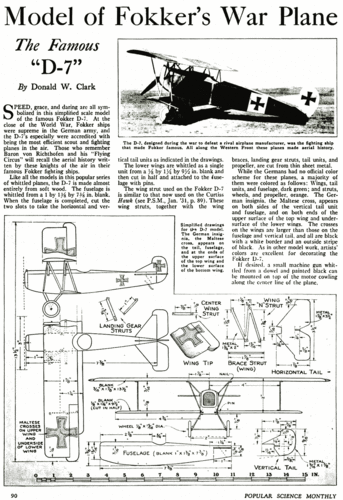 Fokker D.VII solid plan
From "Popular Science" magazine, September, 1931. By Donald W. Clark.
Keywords: Fokker