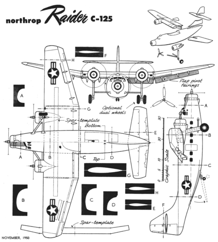 Northrop YC-125
[i]These plans are placed here in review of their accuracy and historical content. They are for personal use only and not to be reproduced commercially. Copyrights remain with the original copyright holders and are not the property of Solid Model Memories. Please post comment regarding the accuracy of the drawings in the section provided on the individual page of the plan you are reviewing. If you build this model or if you have images of the original subject itself, please let us know. If you are the copyright holder of the work in question and wish to have it removed please contact SMM [/i]
Keywords: Northrop YC-125