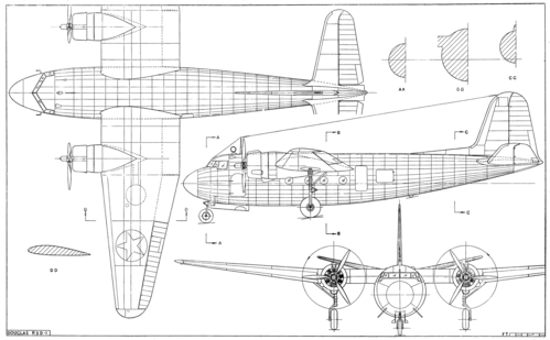 Douglas R3D-1/DC-5
(gif format, - dpi, 336 KB).

Link to file: [url]http://smm.solidmodelmemories.net/Gallery/albums/userpics/-[/url]

[i]These plans are placed here in review of their accuracy and historical content. They are for personal use only and not to be reproduced commercially. Copyrights remain with the original copyright holders and are not the property of Solid Model Memories. Please post comment regarding the accuracy of the drawings in the section provided on the individual page of the plan you are reviewing. If you build this model or if you have images of the original subject itself, please let us know. If you are the copyright holder of the work in question and wish to have it removed please contact SMM [/i]

Keywords: Douglas R3D-1, DC-5