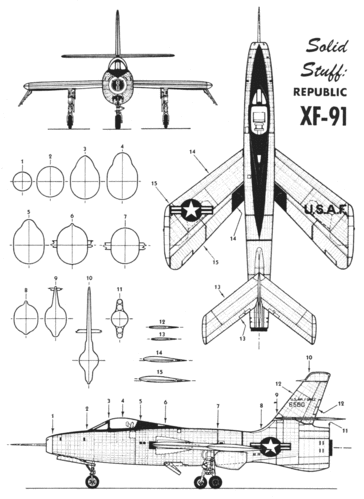 Republic XF-91
(gif format, - dpi, 220 KB).

Link to file: [url]http://smm.solidmodelmemories.net/Gallery/albums/userpics/-[/url]

[i]These plans are placed here in review of their accuracy and historical content. They are for personal use only and not to be reproduced commercially. Copyrights remain with the original copyright holders and are not the property of Solid Model Memories. Please post comment regarding the accuracy of the drawings in the section provided on the individual page of the plan you are reviewing. If you build this model or if you have images of the original subject itself, please let us know. If you are the copyright holder of the work in question and wish to have it removed please contact SMM [/i]

Keywords: Republic XF-91