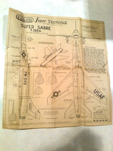 Veron Super Sabre 2 of 3 - Plan
Veron "Truscale" F-100 Super Sabre kit
One of the members of our local IPMS group brought this along to last night's meeting.  A nicely drafted plan but unfortunately no scanner available in "Ye Olde Village Halle"!
