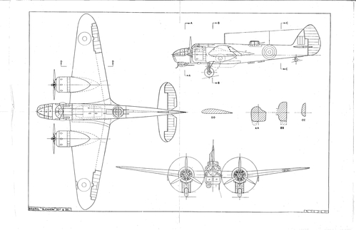 Bristol Blenheim IV
These are from plates that were sold as sets by Harleyford Publications Ltd. The plates were taken from the series, â€œAircraft of the fighting Powersâ€ published each year, as a separate volume, during WW2. Most were published with two drawings back to back.
Keywords: Bristol Blenheim IV Fighter RAF Twin Bomber