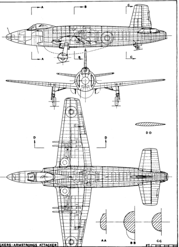 Supermarine Attacker 1 of 2
(gif format, - dpi, 124 KB).

Link to file: [url]http://smm.solidmodelmemories.net/Gallery/albums/userpics/-[/url]

[i]These plans are placed here in review of their accuracy and historical content. They are for personal use only and not to be reproduced commercially. Copyrights remain with the original copyright holders and are not the property of Solid Model Memories. Please post comment regarding the accuracy of the drawings in the section provided on the individual page of the plan you are reviewing. If you build this model or if you have images of the original subject itself, please let us know. If you are the copyright holder of the work in question and wish to have it removed please contact SMM [/i]

Keywords: Supermarine Attacker