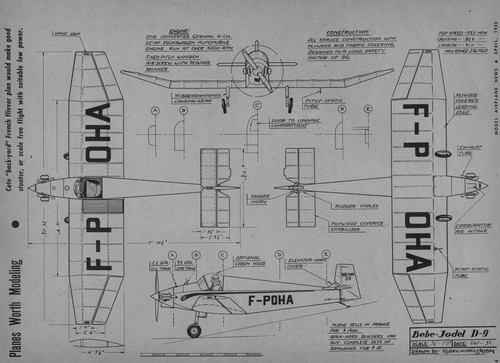 Jodel D-9 
(jpg format, - dpi, 1801 KB).

Link to file: [url]http://smm.solidmodelmemories.net/Gallery/albums/userpics/-[/url]

[i]These plans are placed here in review of their accuracy and historical content. They are for personal use only and not to be reproduced commercially. Copyrights remain with the original copyright holders and are not the property of Solid Model Memories. Please post comment regarding the accuracy of the drawings in the section provided on the individual page of the plan you are reviewing. If you build this model or if you have images of the original subject itself, please let us know. If you are the copyright holder of the work in question and wish to have it removed please contact SMM [/i]
Keywords: Jodel D-9 