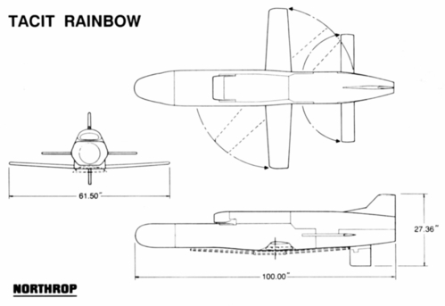 Northrop Tacit Rainbow Cruise Missile
(jpg format, - dpi, 62 KB).

Link to file: [url]http://smm.solidmodelmemories.net/Gallery/albums/userpics/-[/url]

[i]These plans are placed here in review of their accuracy and historical content. They are for personal use only and not to be reproduced commercially. Copyrights remain with the original copyright holders and are not the property of Solid Model Memories. Please post comment regarding the accuracy of the drawings in the section provided on the individual page of the plan you are reviewing. If you build this model or if you have images of the original subject itself, please let us know. If you are the copyright holder of the work in question and wish to have it removed please contact SMM [/i]

Keywords: Northrop Tacit Rainbow Cruise Missile