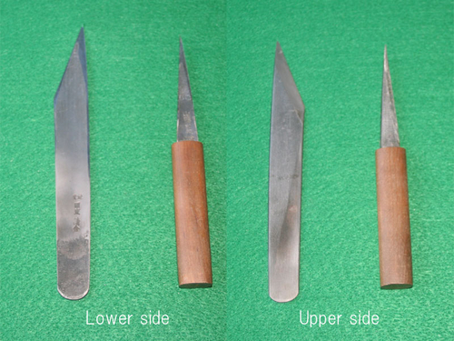 Japanese traditional knives
A traditional blade in Japan is a structure to match the blade of steel to the ground metal of the soft iron. A right knife is called "KURIKOGATANA". It uses it to cut down concave. 
Keywords: Tool