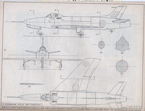V.A.Supermarine Swift.
From Aeromodeller June1952.
Keywords: V.A.SUPERMARINE TYPE S41 SWIFT (PROTOTYPE).