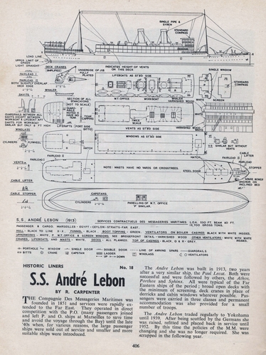 S.S.Andr'e Lebon.
(jpg format, -- dpi, 1474 KB).

[b]Click on image to download file in original format[/b]
file url: 
http://smm.solidmodelmemories.net/Gallery/albums/userpics/004~6.jpg

[i]These plans are placed here in review of their accuracy and 
historical content. They are for personal use only and not to
be reproduced commercially. Copyrights remain with the original
copyright holders and are not the property of Solid Model
Memories. Please post comment regarding the accuracy of the
drawings in the section provided on the individual page of the 
plan you are reviewing. If you build this model or if you have 
images of the original subject itself, please let us know. If
you are the copyright holder of the work in question and wish
to have it removed please contact SMM [/i]

Keywords: S.S.ANDR'E LEBON.