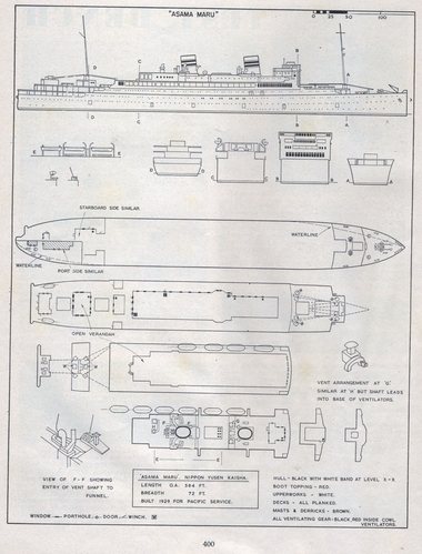 Asama Maru.
(jpg format, -- dpi, 1116 KB).

[b]Click on image to download file in original format[/b]
file url: 
http://smm.solidmodelmemories.net/Gallery/albums/userpics/005be9.jpg

[i]These plans are placed here in review of their accuracy and 
historical content. They are for personal use only and not to
be reproduced commercially. Copyrights remain with the original
copyright holders and are not the property of Solid Model
Memories. Please post comment regarding the accuracy of the
drawings in the section provided on the individual page of the 
plan you are reviewing. If you build this model or if you have 
images of the original subject itself, please let us know. If
you are the copyright holder of the work in question and wish
to have it removed please contact SMM [/i]

Keywords: ASAMA MARU N.Y.K. Liner