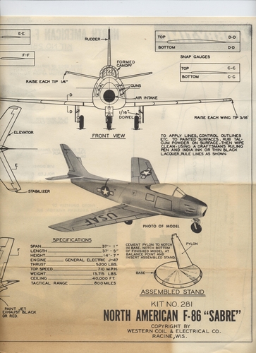 North American F-86 Sabre 1 of 3
(jpg format, -- dpi, 1171 KB).

[b]Click on image to download file in original format[/b]
file url: 
http://smm.solidmodelmemories.net/Gallery/albums/userpics/007~2.jpg

[i]These plans are placed here in review of their accuracy and 
historical content. They are for personal use only and not to
be reproduced commercially. Copyrights remain with the original
copyright holders and are not the property of Solid Model
Memories. Please post comment regarding the accuracy of the
drawings in the section provided on the individual page of the 
plan you are reviewing. If you build this model or if you have 
images of the original subject itself, please let us know. If
you are the copyright holder of the work in question and wish
to have it removed please contact SMM [/i]
Keywords: NORTH AMERICAN F-86 Sabre, Hobby-Time