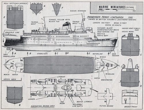 Ferry Caesarea 1951
(jpg format, -- dpi, 171 KB).

[b]Click on image to download file in original format[/b]

[i]These plans are placed here in review of their accuracy and historical content. They are for personal use only and not to be reproduced commercially. Copyrights remain with the original copyright holders and are not the property of Solid Model Memories. Please post comment regarding the accuracy of the drawings in the section provided on the individual page of the plan you are reviewing. If you build this model or if you have images of the original subject itself, please let us know. If you are the copyright holder of the work in question and wish to have it removed please contact SMM [/i]

