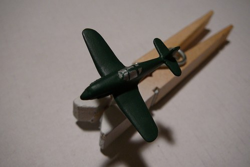 4. Heinkel He-113, Painted
I finished painting the Heinkel, dark green on the top and light blue on the bottom.  The canopy was painted with a silver paint pen, and the lines were drawn on using a dip pen.  I've made the decals and am waiting for the clear coat on them to dry.
Keywords: solid model airplane heinkel he-113
