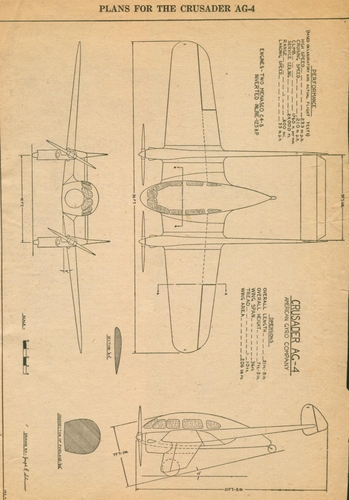 AG-4 CRUSADER
(jpg format, -- dpi, 308 KB).

[b]Click on image to download file in original format[/b]
file url: 
http://smm.solidmodelmemories.net/Gallery/albums/userpics/AG4_PLANS.JPG

[i]These plans are placed here in review of their accuracy and 
historical content. They are for personal use only and not to
be reproduced commercially. Copyrights remain with the original
copyright holders and are not the property of Solid Model
Memories. Please post comment regarding the accuracy of the
drawings in the section provided on the individual page of the 
plan you are reviewing. If you build this model or if you have 
images of the original subject itself, please let us know. If
you are the copyright holder of the work in question and wish
to have it removed please contact SMM [/i]

Keywords: AMERICAN GYRO COMPANY AG-4 CRUSADER,Solid models,carving models in wood,Solid model memories,old time model building,nostalgic model building