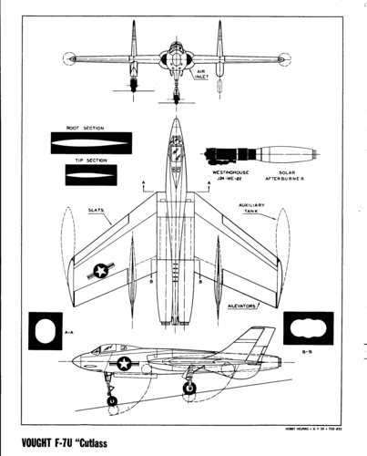 Vought F7U Cutlass
(gif format, -- dpi, 110 KB).

[b]Click on image to download file in original format[/b]
file url: 
http://smm.solidmodelmemories.net/Gallery/albums/userpics/AT_Cutlass.gif

[i]These plans are placed here in review of their accuracy and 
historical content. They are for personal use only and not to
be reproduced commercially. Copyrights remain with the original
copyright holders and are not the property of Solid Model
Memories. Please post comment regarding the accuracy of the
drawings in the section provided on the individual page of the 
plan you are reviewing. If you build this model or if you have 
images of the original subject itself, please let us know. If
you are the copyright holder of the work in question and wish
to have it removed please contact SMM [/i]

Keywords: Vought F7U Cutlass