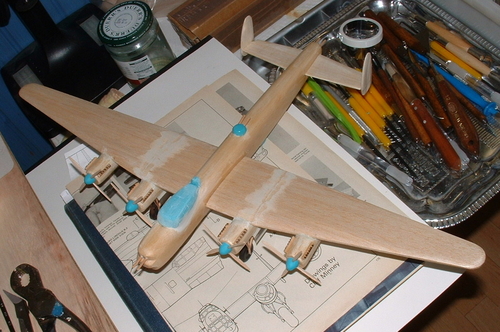 The FIMO bits have been baked in the oven and shown here added to the Avro Lincoln.
Keywords: solid models,wooden models,balsawood,model building