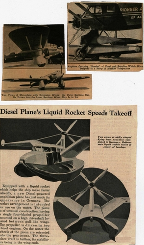 Aircraft Innovations Alaska Rescue Plane Food Drop Wing Extentions Diesel Rocket float plane 1930s
