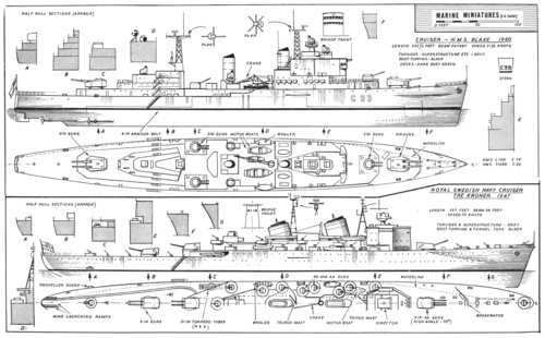 HMS Blake and Swedish Tre Kroner, Cruisers  - restored plans
A rejoined and cleaned-up version of an earlier gallery posting from SMM member Marsh. 
(jpg format, -- dpi, 326 KB).

[b]Click on image to download file in original format[/b]
file url: 
http://smm.solidmodelmemories.net/Gallery/albums/userpics/Blake-and-Tre-Kroner-Cruise.gif

[i]These plans are placed here in review of their accuracy and historical content. They are for personal use only and not to be reproduced commercially. Copyrights remain with the original copyright holders and are not the property of Solid Model Memories. Please post comment regarding the accuracy of the drawings in the section provided on the individual page of the plan you are reviewing. If you build this model or if you have images of the original subject itself, please let us know. If you are the copyright holder of the work in question and wish to have it removed please contact SMM [/i]
Keywords: HMS Blake Tre Kroner cruiser ship model plans