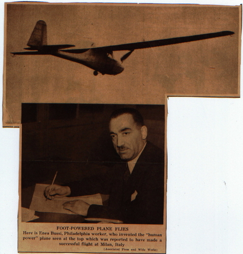 Enea Bussi Human-powered Glider Philidelphia Milan Italy 1930s
