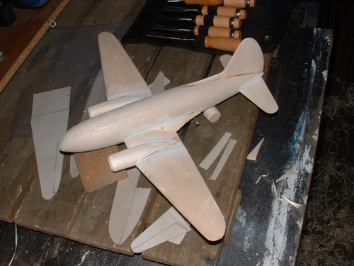 Curtiss C-46 Commando
The Commando awaits its first coat of sanding sealer.
Keywords: solid models,carved aeroplanes,vintage model building,balsa wood models,scale models scratchbuilt
