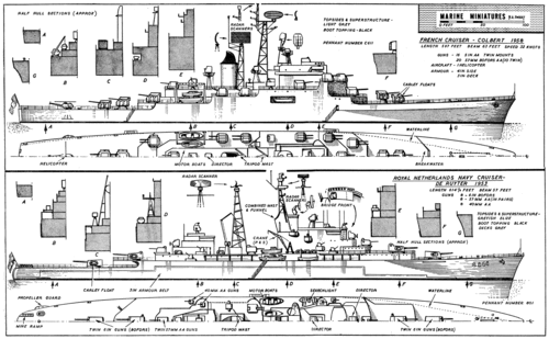 HMS Colbert and RSN De Ruyter Cruisers- restored plan
A rejoined and cleaned-up version of an earlier gallery posting from SMM member Marsh. 

(gif format, -- dpi, 349 KB).

[b]Click on image to download file in original format[/b]
file url: 
http://smm.solidmodelmemories.net/Gallery/albums/userpics/Colbert_and_De_Ruyter_Cruisers.gi

[i]These plans are placed here in review of their accuracy and historical content. They are for personal use only and not to be reproduced commercially. Copyrights remain with the original copyright holders and are not the property of Solid Model Memories. Please post comment regarding the accuracy of the drawings in the section provided on the individual page of the plan you are reviewing. If you build this model or if you have images of the original subject itself, please let us know. If you are the copyright holder of the work in question and wish to have it removed please contact SMM [/i]

Keywords: Colbert De Ruyter