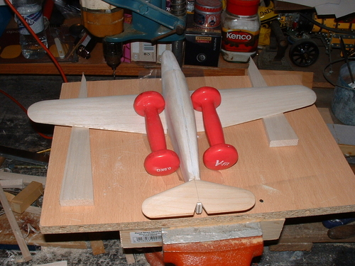 FAIREY PRIMER TRAINER
View from the rear as the wings to fuselage are curing.
MAY 2010 BUILD.
Keywords: FAIREY PRIMER,Solid models,carving models in wood,Solid model memories,old time model building,nostalgic model building