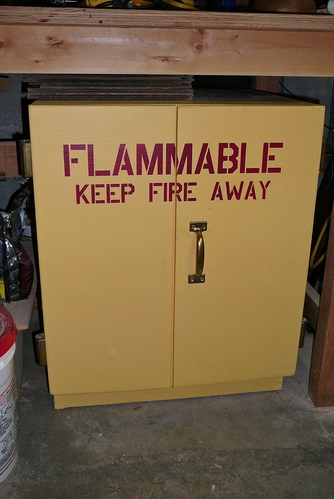 Flammables Cabinet
I bought my flammables cabinet at a university surplus store.  It is made of thick wood, contains spilled liquids inside, and has self-closing doors.  I repainted it inside and out and added wheels to the bottom (not visible because of the apron).  I finally got around to painting the lettering using a cut stencil.
Keywords: flammables cabinet