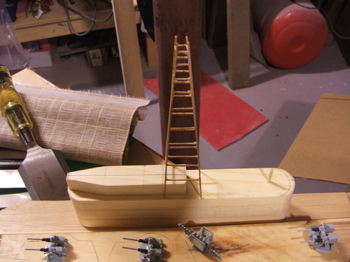HMCS Bonaventure 1/144
The birdcage mast has been started using a bamboo placemat as suggested by one of you.
Keywords: smm solid model memories carved ship HMCS Bonaventure