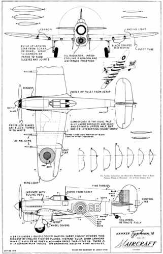 Hawker Typhoon
(GIF format, 300 dpi, 252 KB)

[b]Click on image to download file in original format[/b]

[i]These plans are placed here in review of their accuracy and historical content. They are for personal use only and not to be reproduced commercially. Copyrights remain with the original copyright holders and are not the property of Solid Model Memories. Please post comment regarding the accuracy of the drawings in the section provided on the individual page of the plan you are reviewing. If you build this model or if you have images of the original subject itself, please let us know. If you are the copyright holder of the work in question and wish to have it removed please contact SMM.[/i]
Keywords: HAWKER 1B TYPHOON Maircraft