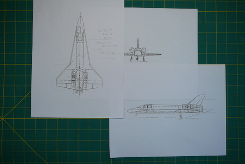 02. Sizing the plans
Bristol Spaceplanes was kind enough to send a good three-view.  Here, I have scaled the drawings to 1/72 scale and have been making notes about the wood stock I need.
Keywords: bristol spaceplane ascender model