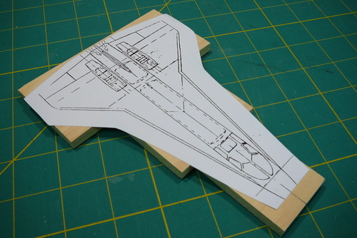 09. Wing plan glued on
The wing has dried and is ready to be cut out on the scroll saw.
Keywords: bristol spaceplane ascender model