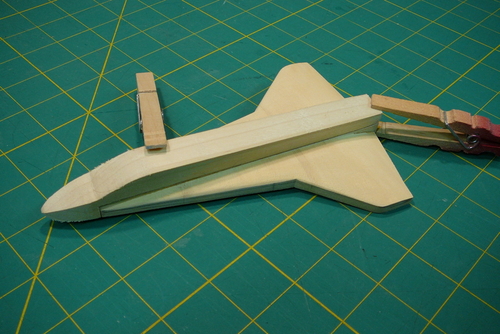 12. Wing top rough-shaped
I have the wing-top shaped, and need to do the same to the bottom. I'll leave the final shaping of the leading and tailing edges until the bottom of the airfoil is roughed-out.
Keywords: bristol spaceplane ascender model