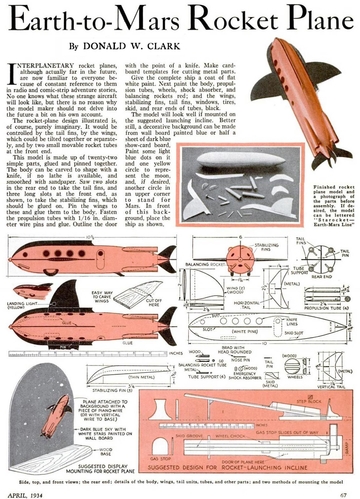Earth-to-Mars Rocket Plane solid model plans
From Popular Science magazine, April 1934.
(jpg format, -- dpi, 360 KB).

[b]Click on image to download file in original format[/b]
file url: 
http://smm.solidmodelmemories.net/Gallery/albums/userpics/Rocket-Plane.jpg

[i]These plans are placed here in review of their accuracy and historical content. They are for personal use only and not to be reproduced commercially. Copyrights remain with the original copyright holders and are not the property of Solid Model Memories. Please post comment regarding the accuracy of the drawings in the section provided on the individual page of the plan you are reviewing. If you build this model or if you have images of the original subject itself, please let us know. If you are the copyright holder of the work in question and wish to have it removed please contact SMM [/i]
Keywords: Rocket