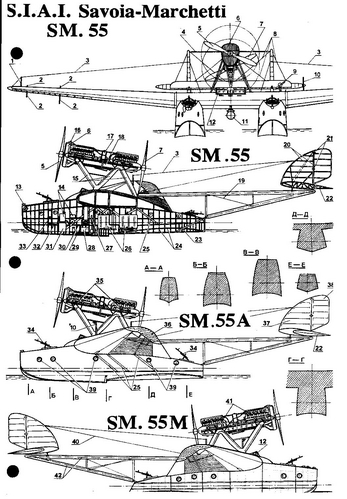 SM-55 1 of 2
(jpg format, -- dpi, 356 KB).

[b]Click on image to download file in original format[/b]
file url: 
http://smm.solidmodelmemories.net/Gallery/albums/userpics/SM55A_-_One.jpg

[i]These plans are placed here in review of their accuracy and 
historical content. They are for personal use only and not to
be reproduced commercially. Copyrights remain with the original
copyright holders and are not the property of Solid Model
Memories. Please post comment regarding the accuracy of the
drawings in the section provided on the individual page of the 
plan you are reviewing. If you build this model or if you have 
images of the original subject itself, please let us know. If
you are the copyright holder of the work in question and wish
to have it removed please contact SMM [/i]

Keywords: Savoia-Marchetti SM-55 Flying Boat