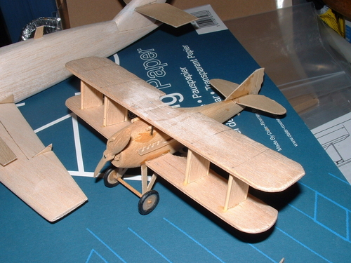 Spad C13
Interplane strut jigs are tack glued into place with uprights made from scrap then pushed aside after the struts have been added.
