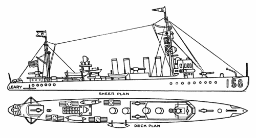 USS Leary DD-158 Plans
(gif format, 300dpi, 79 KB).

Here is the simplified plan of the USS Leary, with a few guesses on cabin sizes, and a corrected bow profile.  At 300 dpi, scale is 1/350. There are a number of errors relative to the actual vessel.  For one, the superstructure should go to the edge of the deck.  More detailed drawings of the similar USS Preston may be found in a series in Popular Science Monthly, Dec 1930-Apr 1931.

Link to file: [url]http://smm.solidmodelmemories.net/Gallery/albums/userpics/DD-158_Article_Page2.jpg[/url]

[i]These plans are placed here in review of their accuracy and historical content. They are for personal use only and not to be reproduced commercially. Copyrights remain with the original copyright holders and are not the property of Solid Model Memories. [/i]
Keywords: destroyer ship model uss leary dd-158