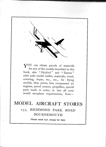 1933 Bournemouth Ad
Plan from James Hay Stevensâ€™ 1933 Book â€œScale Model Aircraftâ€.  Stevens was the designer for the â€œSkybirdsâ€ range of kits.  Bournemouth were later home of "Truscale"

