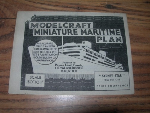 Modelcraft Sydney Star Cover
A Modelcraft plan set spotted on e-bay (action has ended).  Has anyone else heard of this series?  There is also the "City of Calcutta" and the "Umgeni".
Keywords: modelcraft sydney star solid model ship kit