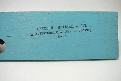 HMS Unicorn ID Model from World War II (bottom)
Here is a cast metal ID model of the HMS Unicorn, a CVL.  It is mounted on a plywood base.  These are the markings on the bottom of the plywood base.
Keywords: WW II ship ID model cast metal