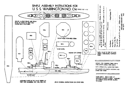 USS Warrington Sht 2 of 2
(gif format, -- dpi, 22 KB).

[b]Click on image to download file in original format[/b]
file url: 
http://smm.solidmodelmemories.net/Gallery/albums/userpics/Warrington_Page_2.gif

[i]These plans are placed here in review of their accuracy and 
historical content. They are for personal use only and not to
be reproduced commercially. Copyrights remain with the original
copyright holders and are not the property of Solid Model
Memories. Please post comment regarding the accuracy of the
drawings in the section provided on the individual page of the 
plan you are reviewing. If you build this model or if you have 
images of the original subject itself, please let us know. If
you are the copyright holder of the work in question and wish
to have it removed please contact SMM [/i]

Keywords: Strombecker USS Warrington