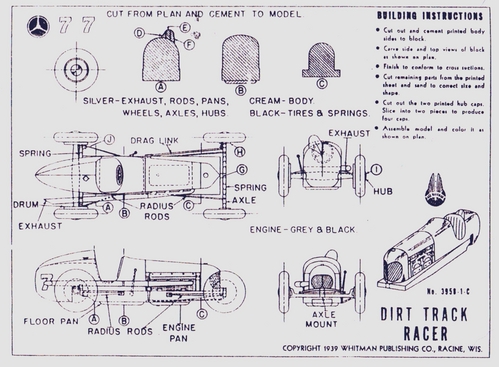 Whitman Dirt Track Racer
(jpg format, -- dpi, 700 KB).

[b]Click on image to download file in original format[/b]
file url: 
http://smm.solidmodelmemories.net/Gallery/albums/userpics/WhitmanDirtTrack.jpg

[i]These plans are placed here in review of their accuracy and 
historical content. They are for personal use only and not to
be reproduced commercially. Copyrights remain with the original
copyright holders and are not the property of Solid Model
Memories. Please post comment regarding the accuracy of the
drawings in the section provided on the individual page of the 
plan you are reviewing. If you build this model or if you have 
images of the original subject itself, please let us know. If
you are the copyright holder of the work in question and wish
to have it removed please contact SMM [/i]

Keywords: Whitman Dirt Track Racer