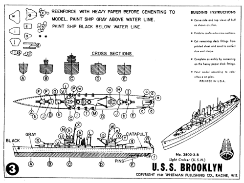 USS Brooklyn
(gif format, -- dpi, 54 KB).

[b]Click on image to download file in original format[/b]
file url: 
http://smm.solidmodelmemories.net/Gallery/albums/userpics/Whitman_USS_Brooklyn_LT_Cruiser.gif

[i]These plans are placed here in review of their accuracy and 
historical content. They are for personal use only and not to
be reproduced commercially. Copyrights remain with the original
copyright holders and are not the property of Solid Model
Memories. Please post comment regarding the accuracy of the
drawings in the section provided on the individual page of the 
plan you are reviewing. If you build this model or if you have 
images of the original subject itself, please let us know. If
you are the copyright holder of the work in question and wish
to have it removed please contact SMM [/i]

Keywords: Whitman USS Brooklyn
