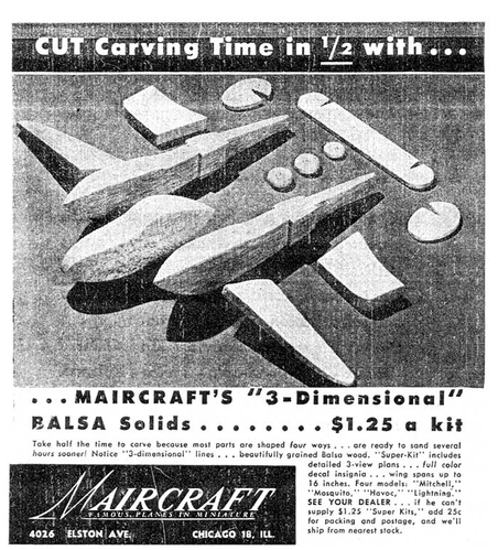 Maircraft P-38 Advertisement
From "Model Airplane News" magazine, April 1945.
Keywords: Maircraft P-38 Lightning