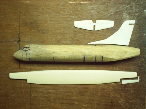 Main parts of the model being shaped. The wing and stabilizers are from plastic sheet.
