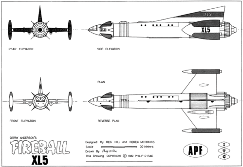Fireball XL5
(gif format, -- dpi, 36 KB).

[b]Click on image to download file in original format[/b]
file url: 
http://smm.solidmodelmemories.net/Gallery/albums/userpics/fireball-blueprint.gif

[i]These plans are placed here in review of their accuracy and historical content. They are for personal use only and not to be reproduced commercially. Copyrights remain with the original copyright holders and are not the property of Solid Model Memories. Please post comment regarding the accuracy of the drawings in the section provided on the individual page of the plan you are reviewing. If you build this model or if you have images of the original subject itself, please let us know. If you are the copyright holder of the work in question and wish to have it removed please contact SMM [/i]
Keywords: fireball xl5 scifi spaceship gerry anderson puppet