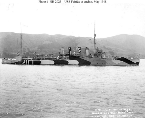 USS Fairfax, DD-93 starboard

At anchor in the San Francisco Bay area, 21 May 1918.
Photographed by the Mare Island Navy Yard during the ship's trials.
Note her pattern camouflage.

U.S. Naval Historical Center Photograph.

